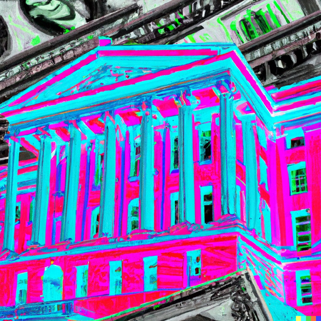 federal government building with money overlay 80s digital art