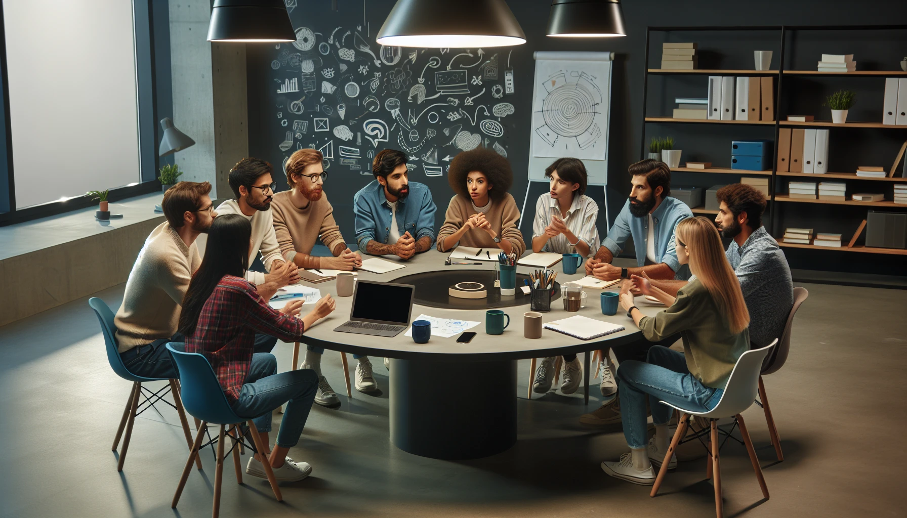Illustration of a group of workers in a meeting discussing employment laws