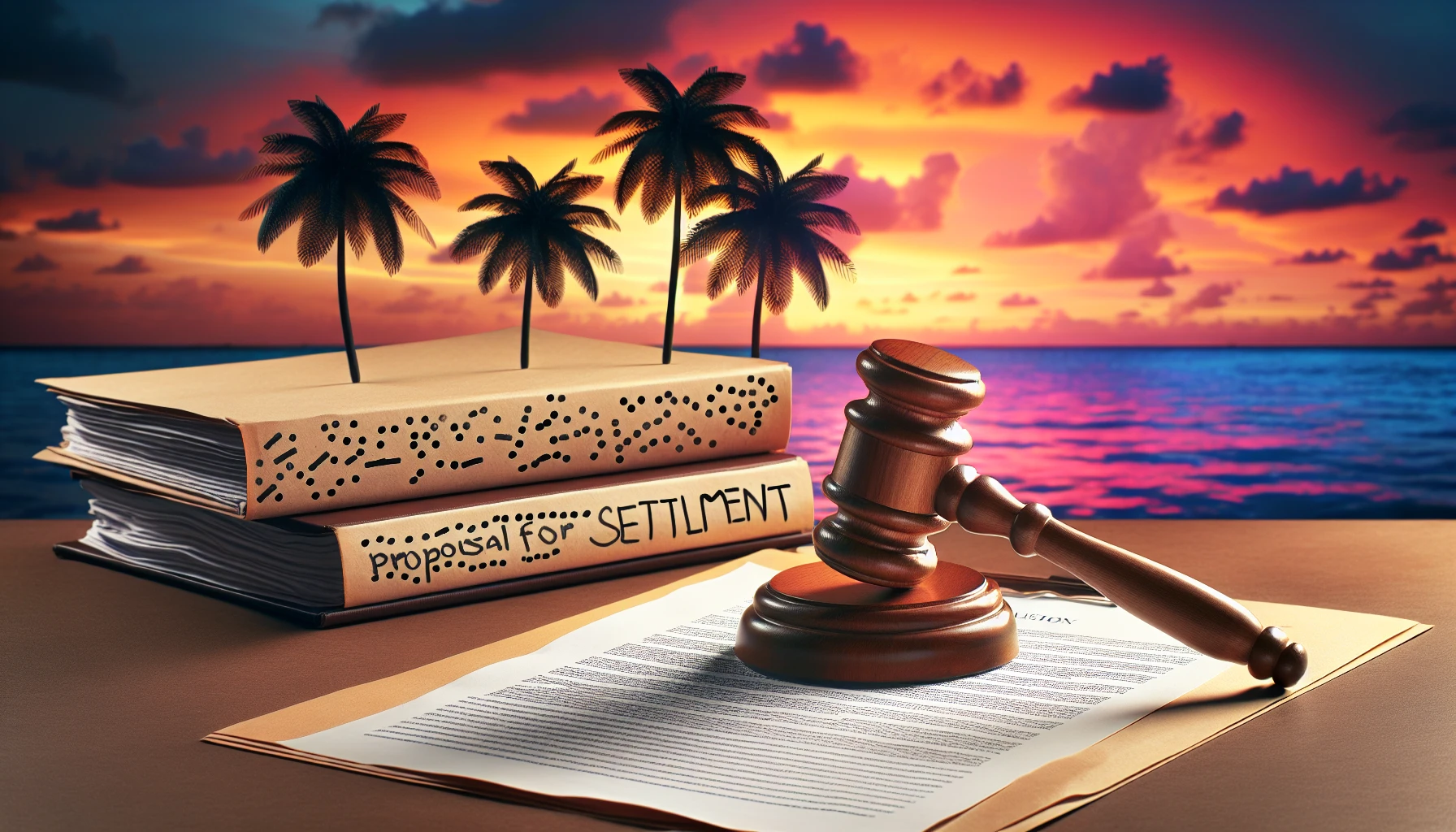 Illustration of legal documents and a gavel representing the Proposal for Settlement process in Florida