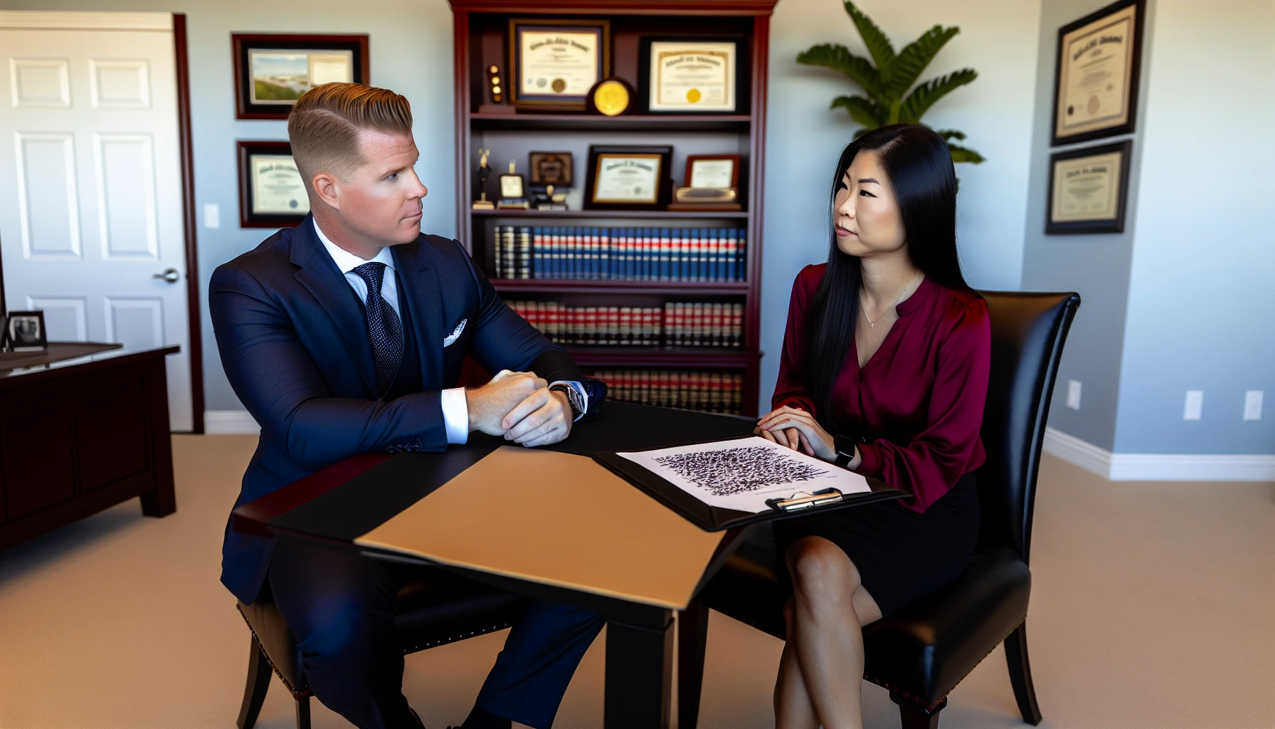 Photo of an attorney and client discussing the establishment of a Florida Land Trust for privacy and asset protection