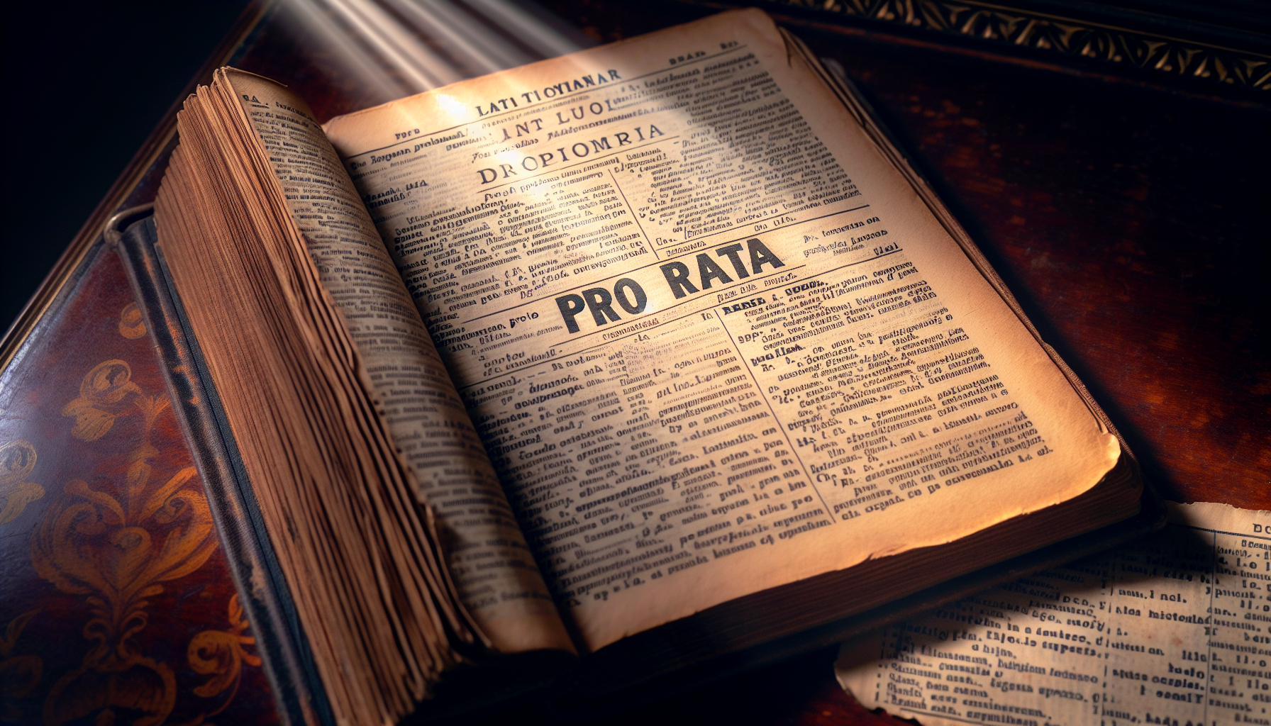 Illustration of a vintage Latin dictionary with the term 'pro rata' highlighted