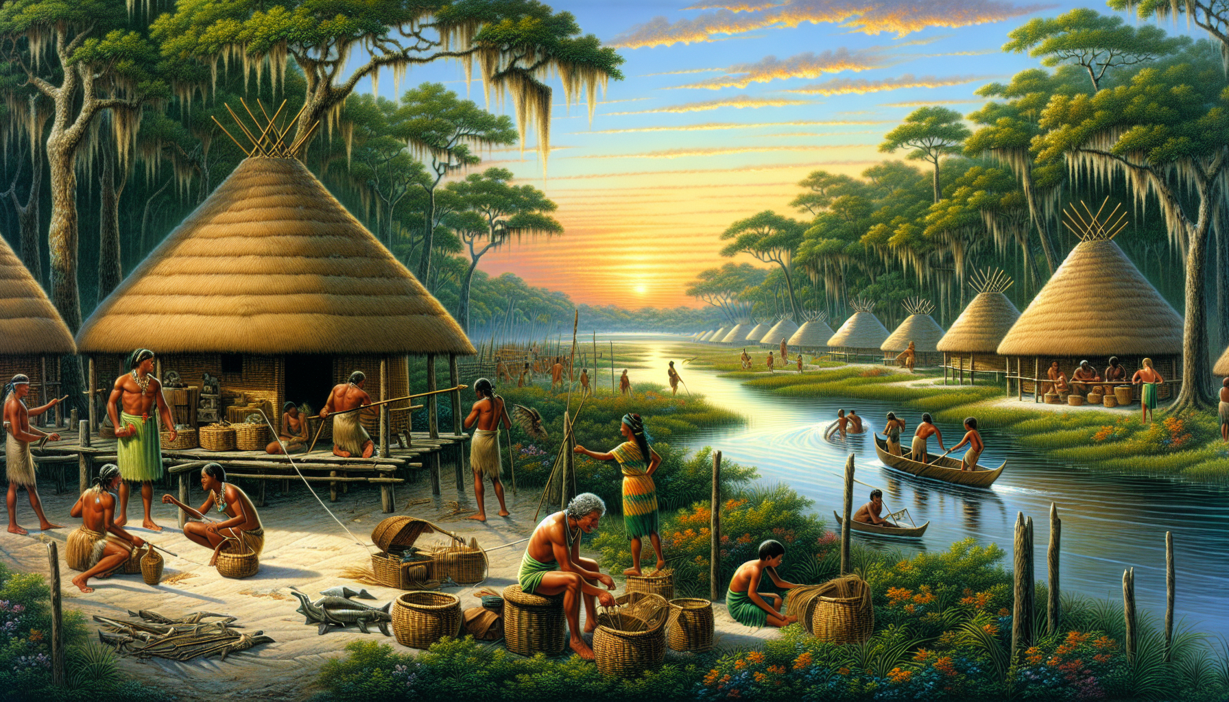 Illustration of Timucuan people in a village