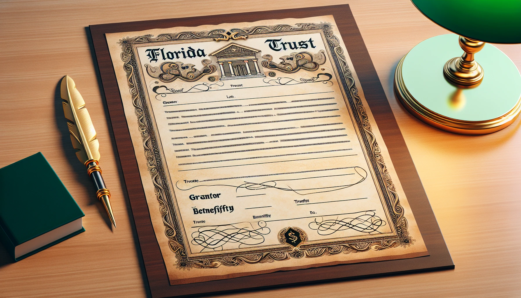 Illustration of a trust agreement document with the title 'Florida Land Trust Agreement' for privacy and asset protection