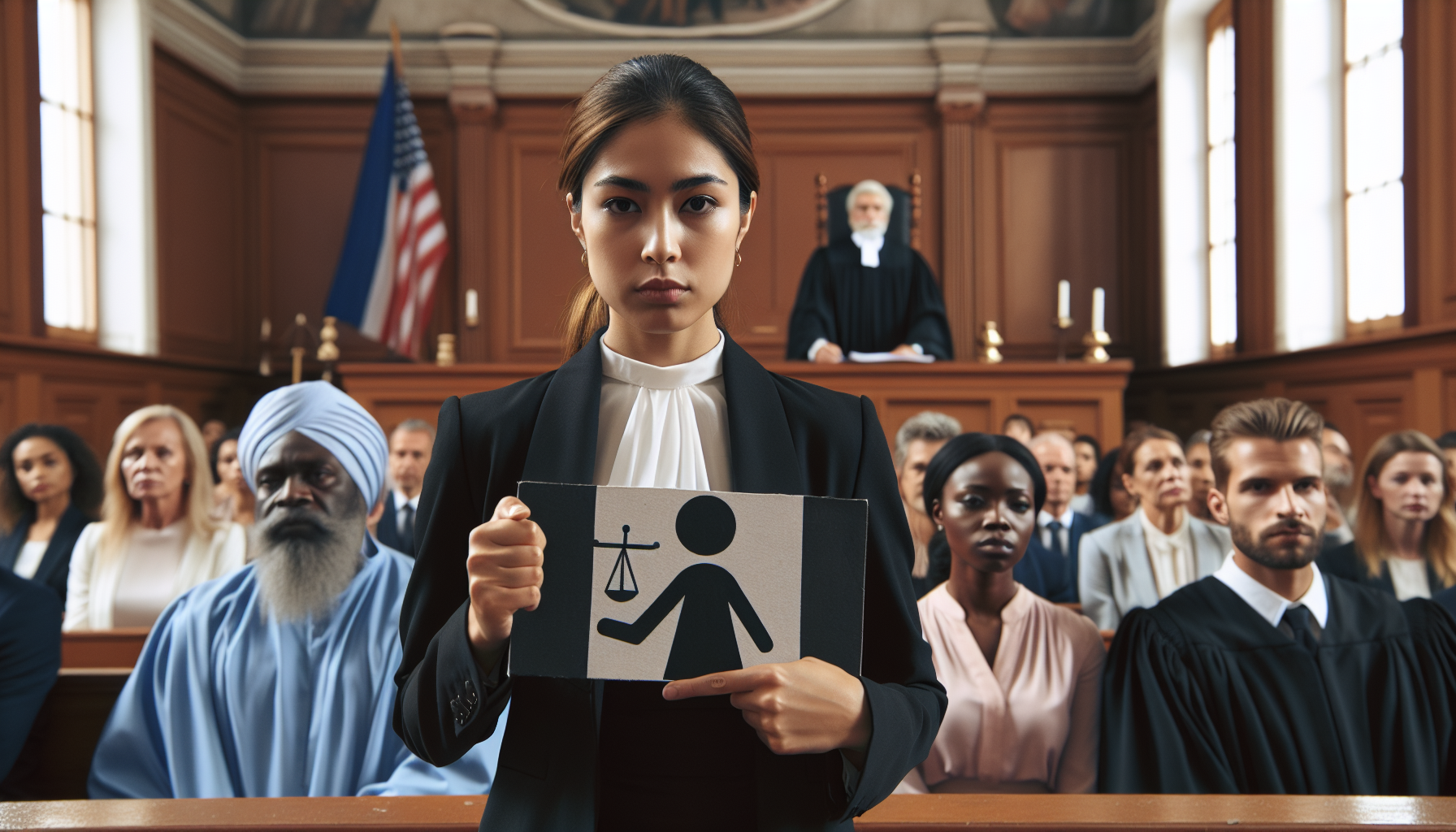 Illustration of a person holding a 'human rights' sign in a courtroom