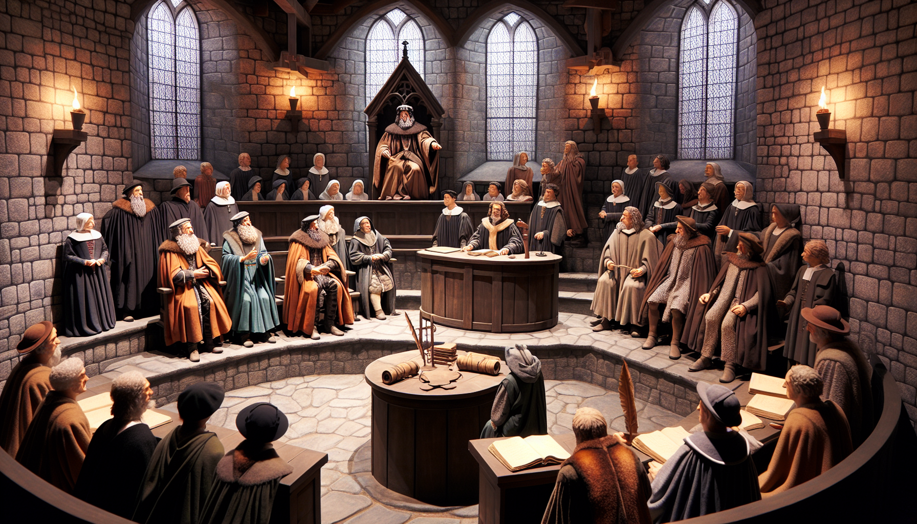 Medieval court with judges and lawyers discussing common law rights