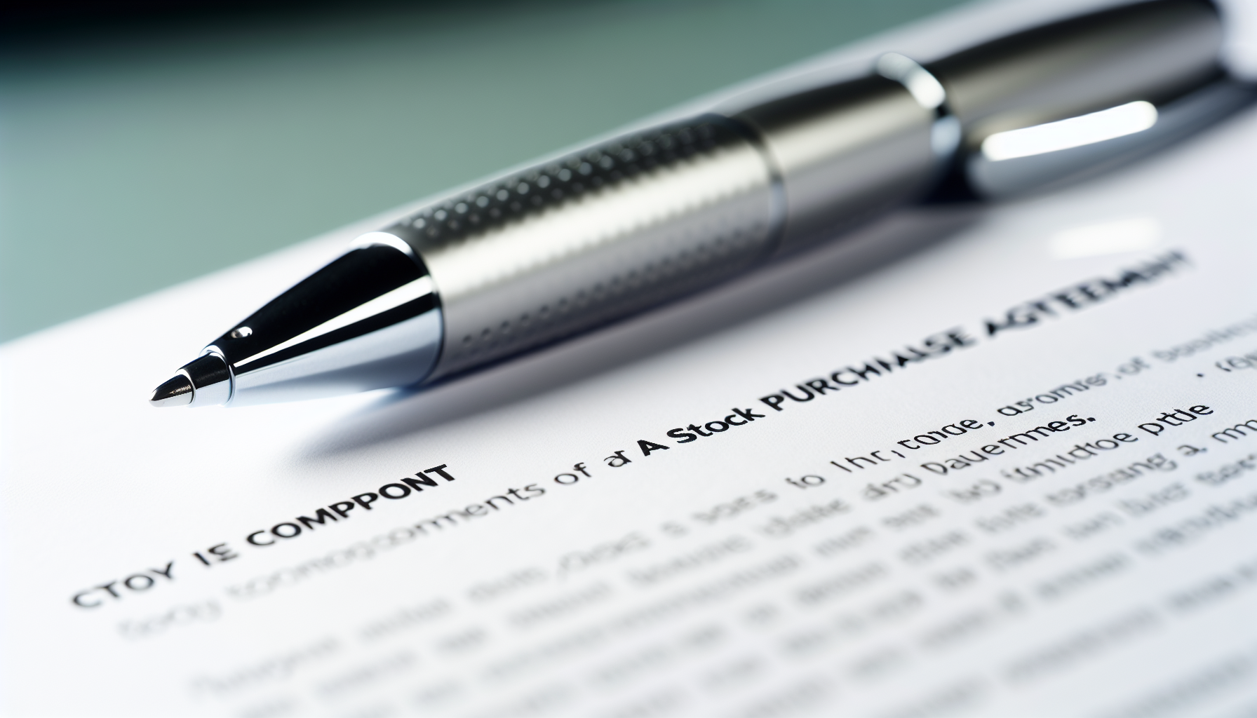 Photo of a pen and a document with the heading 'Key Components of a Stock Purchase Agreement'