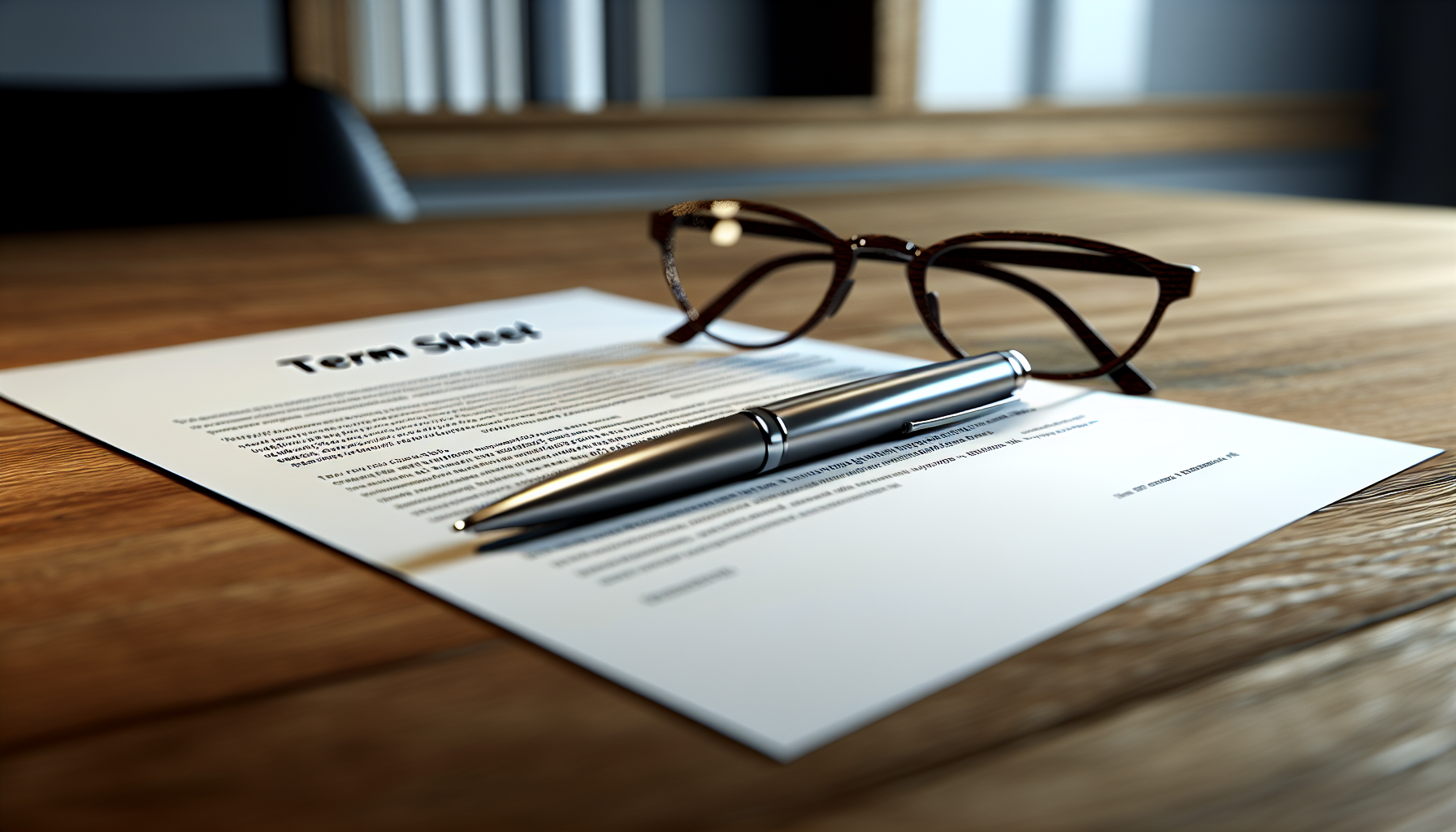 A term sheet document on a desk with a pen and a pair of glasses