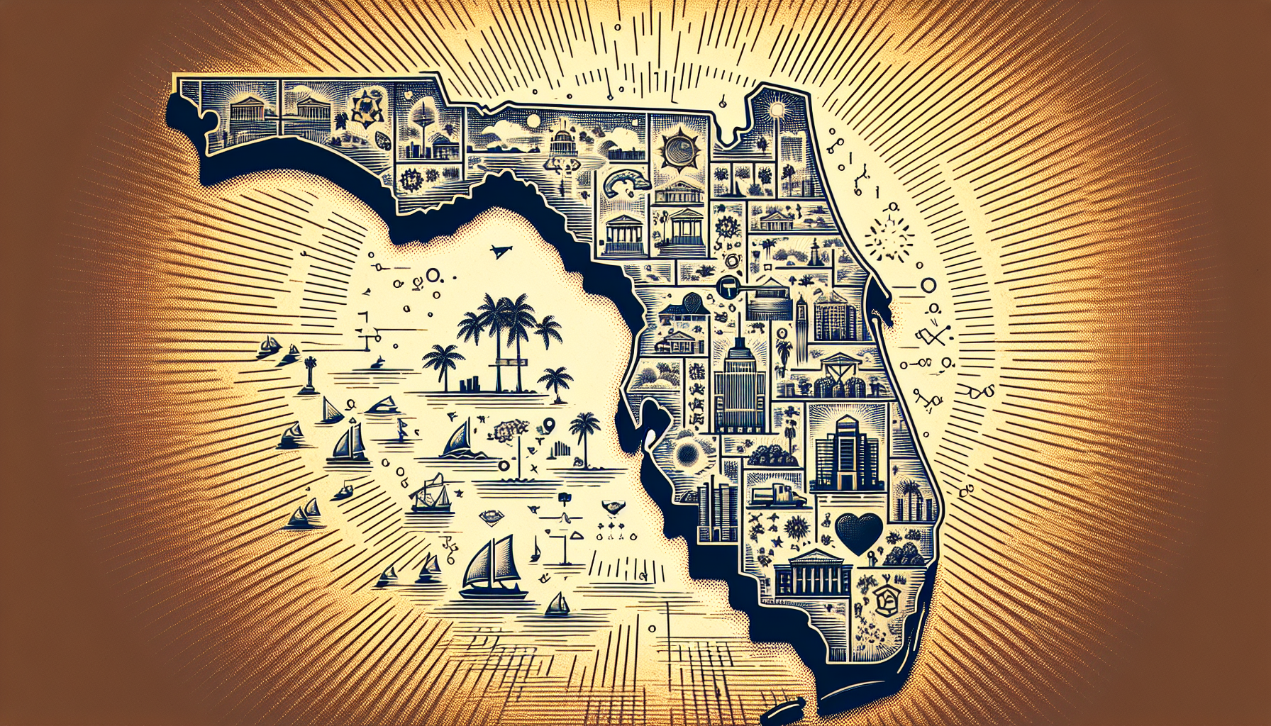 Illustration of a Florida map with a sun in the background