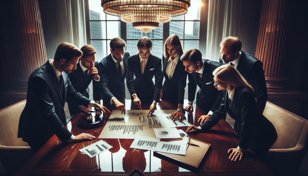 A group of lawyers and financial advisors negotiating a complex business deal