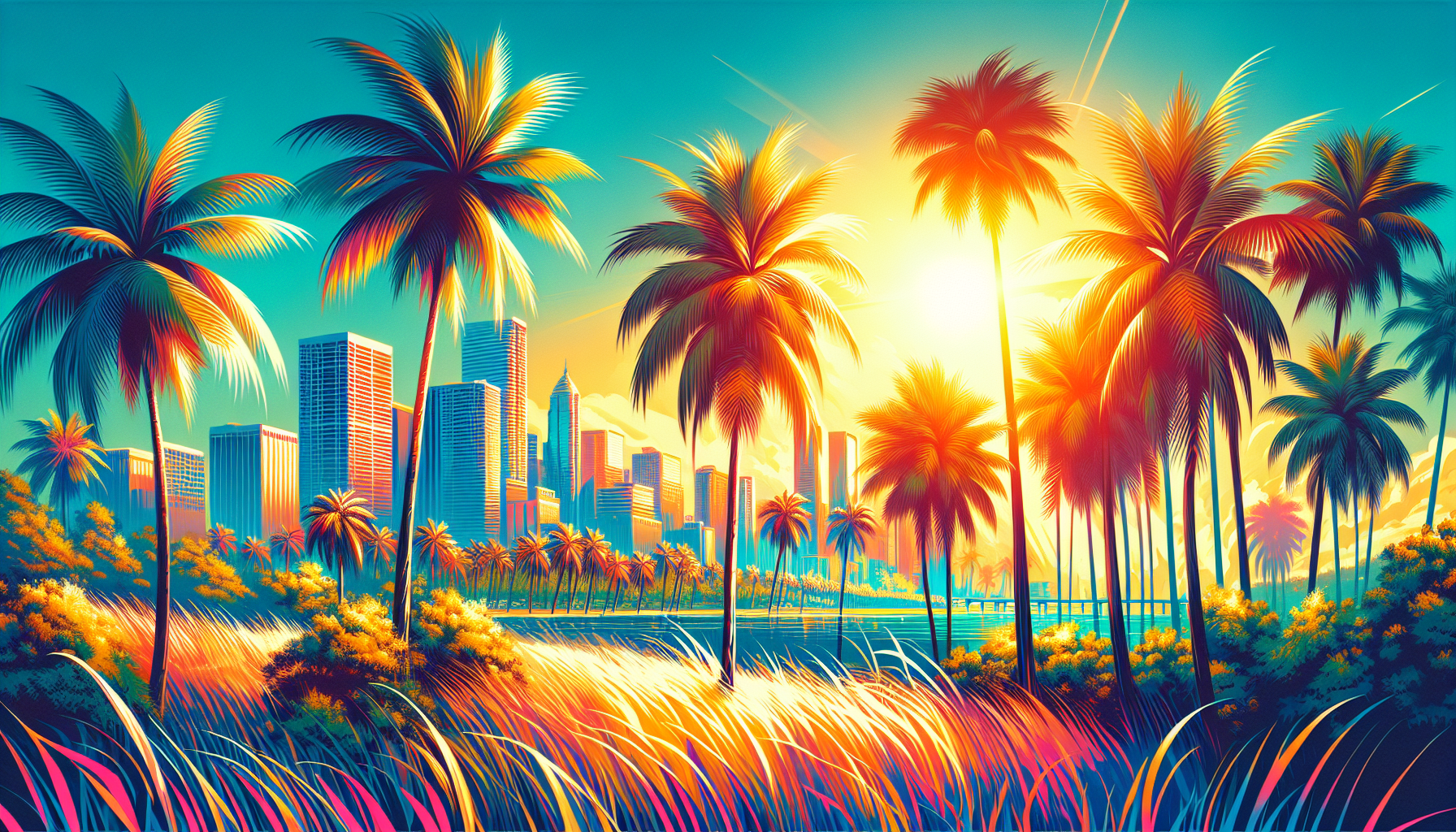 Illustration of a vibrant Florida landscape with palm trees and sunshine