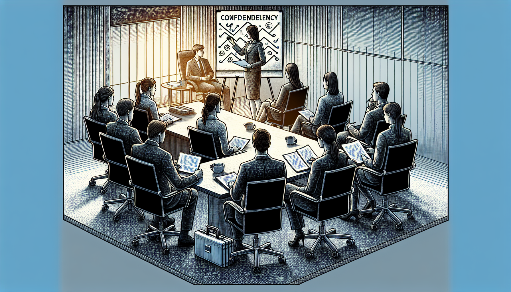Illustration of a group of employees in a training session on confidentiality policies
