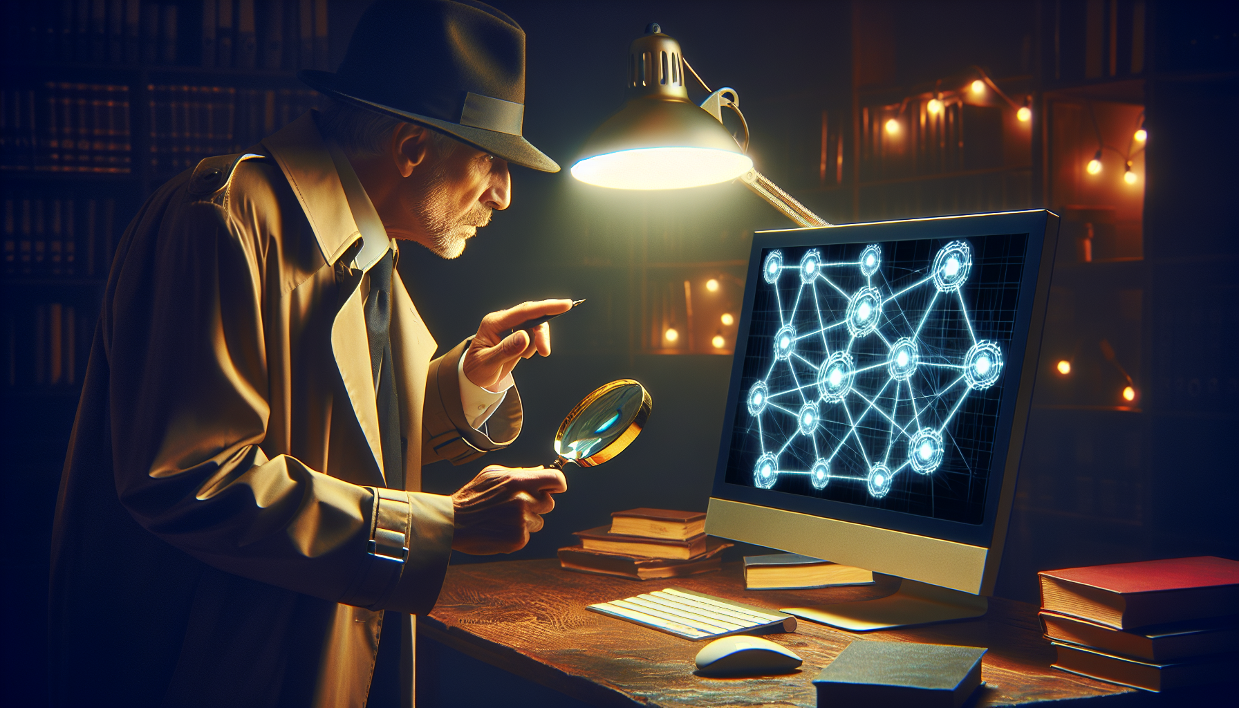 Detective investigating cryptocurrency scam with magnifying glass