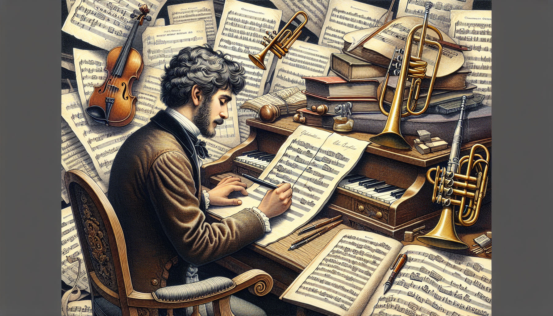 Classical music composer writing music notes on paper